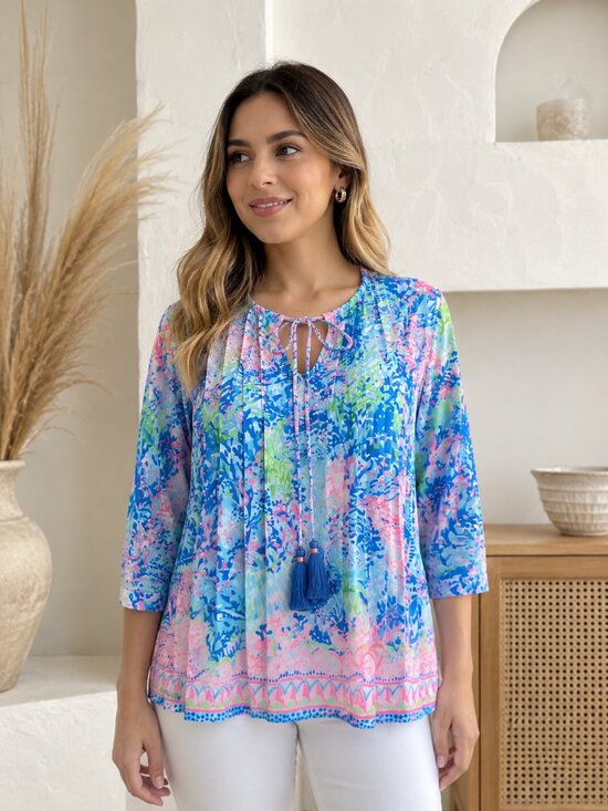 Lilly Pulitzer Tops - Lilly Pulitzer XS Tropical Floral Tassel Tunic Blouse Blue Pink
